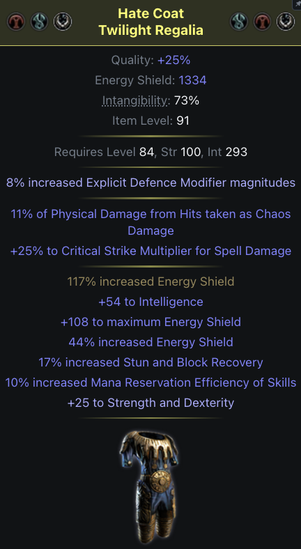 A crafted Twilight Regalia with 1334 energy shield